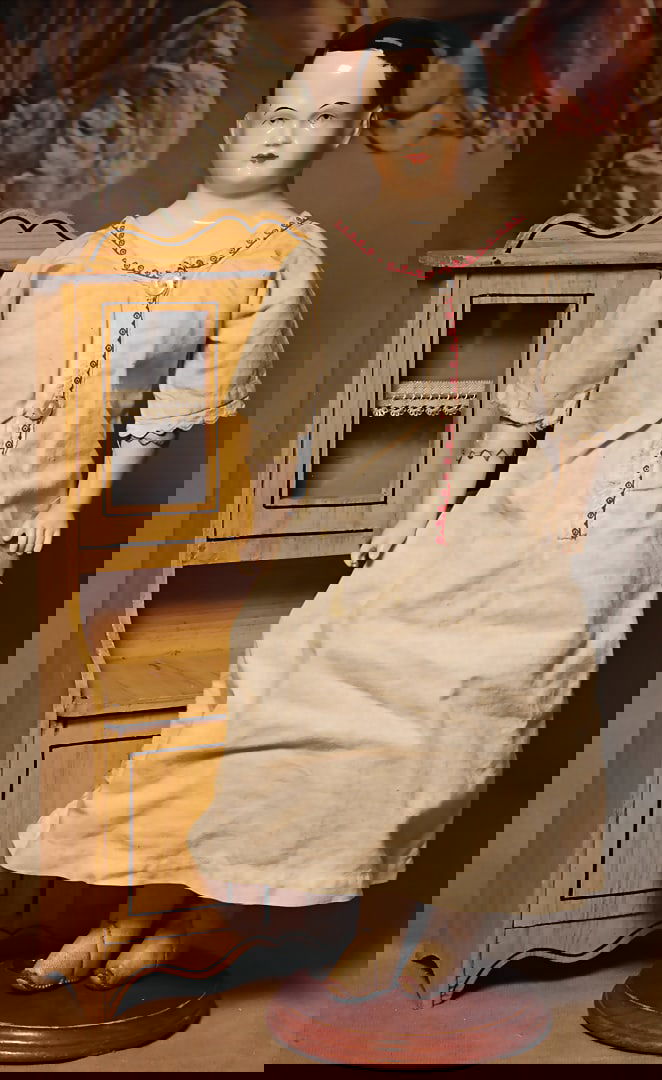 China-head, breast head doll, glazed porcelain, 39 cm, painted hair, closed mouth, model. ears, (1 of 5)