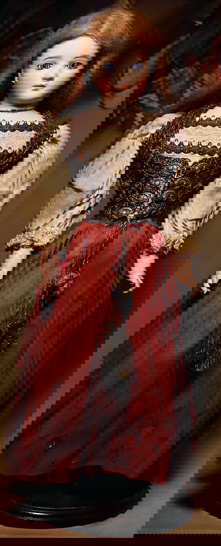 bisque porcelain shoulder headed doll, Belton type, 42 cm, blue fix inset glass eyes, slit mouth, (1 of 3)