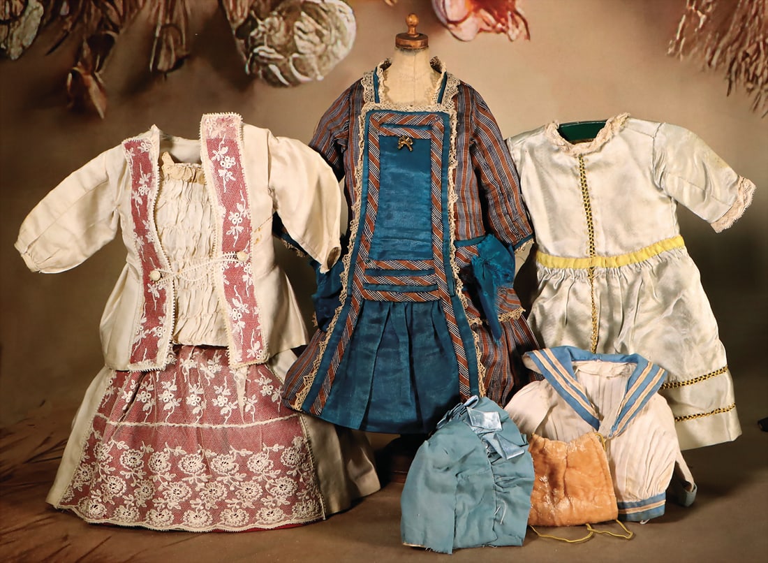 Very nice set with French dolls clothes. doll clothes, 1 french. silk dress, blue striped, with (1 of 1)
