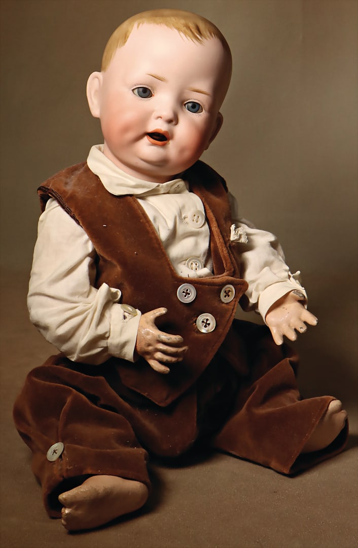 BAEHR & PROESCHILD for BRUNO SCHMIDT 2084 3, bisque porcelain head doll, full head, 35 cm, blue: BAEHR & PROESCHILD for BRUNO SCHMIDT 2084 3, bisque porcelain head doll, full head, 35 cm, blue sleeping eyes, off. mouth, teeth on top, dimples, sitting baby body with movable wrists, please note tra