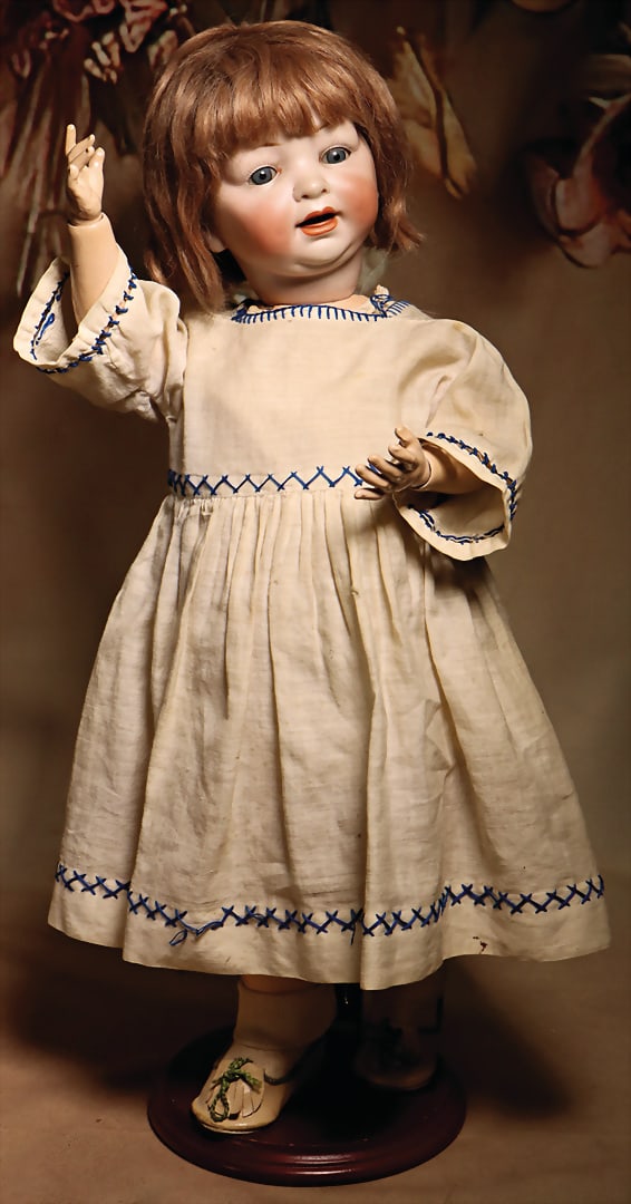 HERTEL, SCHWAB & CO 152, bisque porcelain character doll, 45 cm, bisque crank head, blue sleeping: HERTEL, SCHWAB & CO 152, bisque porcelain character doll, 45 cm, bisque crank head, blue sleeping eyes, off. mouth, teeth on top, toddler body, old mohair wig, old clothes and shoes German Description