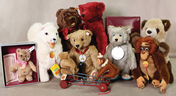 STEIFF Set of newer production, monkey with bear, shield and blank button, King Louis, complete,: STEIFF Set of newer production, monkey with bear, shield and blank button, King Louis, complete, golden button, Teddy Baby, blue, Club Edition, 1992/93, Jackie, Replica, 1953, complete, in original