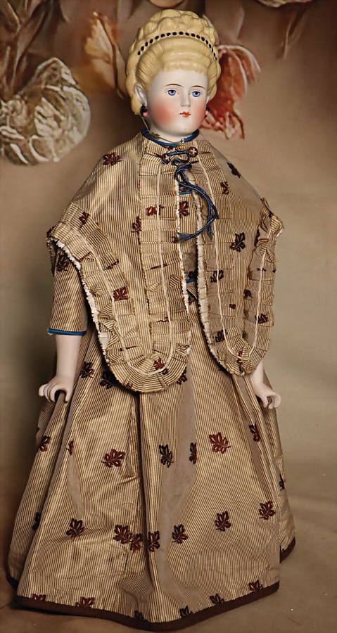 Parian, porcelain shoulder headed doll, 54 cm, finely modelled hair, modelled hair band, visible: Parian, porcelain shoulder headed doll, 54 cm, finely modelled hair, modelled hair band, visible ears, pierced, leather body, old clothes or clothes sewn from old fabrics, old underwear and shoes, unu