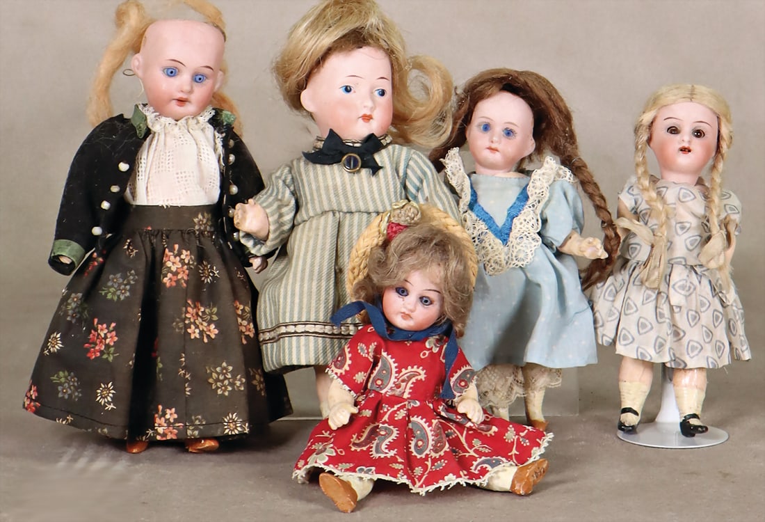 mixed lot of 5 pieces, dolls, porcelain crank heads, mass standing bodies, 13-18 cm, glass eyes, 1 (1 of 1)