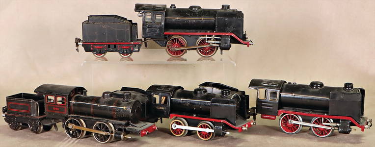 M&#196;RKLIN mixed lot 0-gauge, 4x B-locomotive with clockwork and 2-axle tender, used condition,