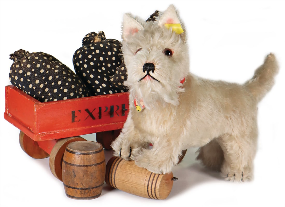 STEIFF Dog SEALYHAM, manufactured: May.1948, item no. 1317,0, with blank button, unused yellow flag, (1 of 5)