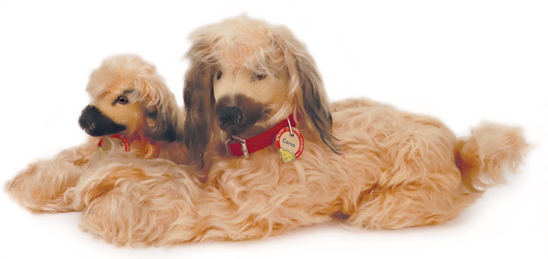 STEIFF mixed lot 2x Corso, dog, 50's, 1x with button, sign and flag, No. 1622,00, lying, lying (1 of 4)