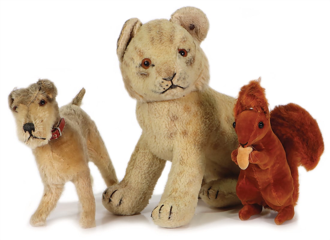 STEIFF 22 cm cubs, with button, long f, 21 cm dog, mohair plush, without button and tag, velvet, (1 of 3)