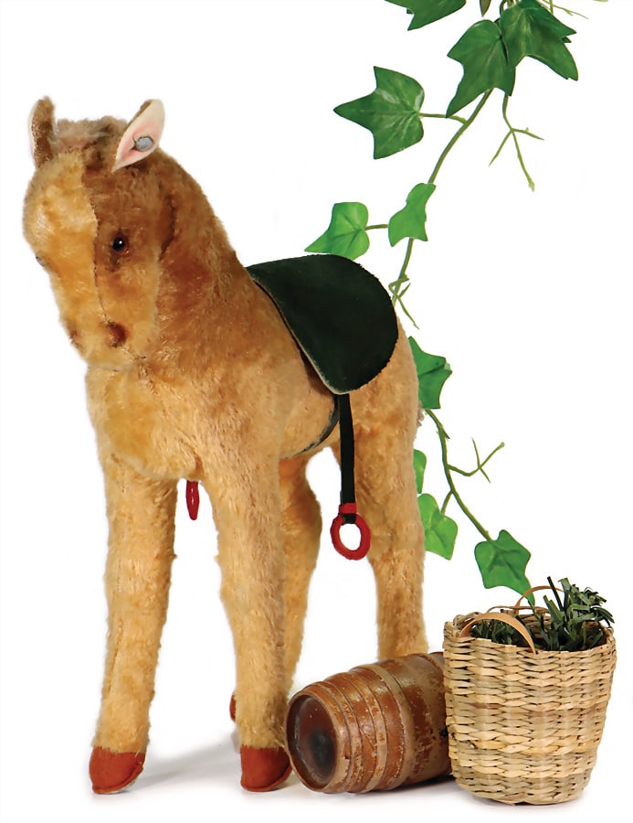 STEIFF pony, 26 cm, war production, artificial silk plush, with button, elongated f, saddle possibly (1 of 3)