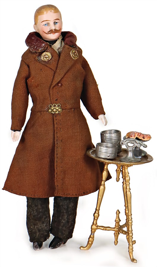 dollhouse smoking table, pewter, h: 9 cm, 1 dollhouse doll, man, porcelain shoulder headed, model.: dollhouse smoking table, pewter, h: 9 cm, 1 dollhouse doll, man, porcelain shoulder headed, model. moustache, bisque arms and legs, original clothes German Description Puppenstuben-Rauchertisch, Zinn,