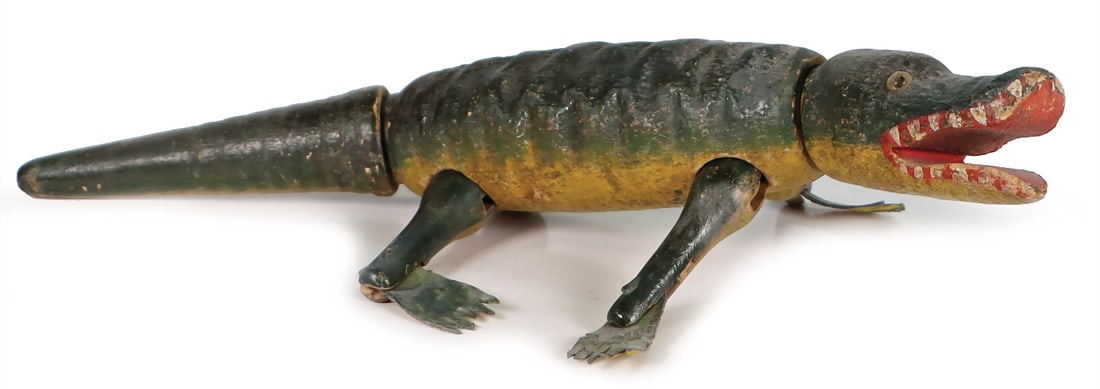 SCHOENHUT Humpty Dumpty, crocodile, large series, glass eyes, leather fins, rubbers probably added: SCHOENHUT Humpty Dumpty, crocodile, large series, glass eyes, leather fins, rubbers probably added once German Description SCHOENHUT Humpty Dumpty, Krokodil, große Serie, Glasaugen, Lederflossen,