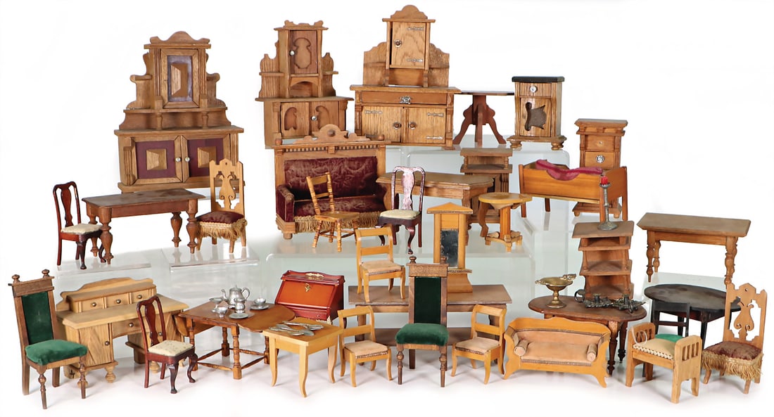 Doll's house furniture, mostly Wilhelminian style, various sizes, cupboards, suite, secretary, small (1 of 1)