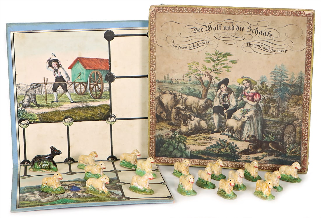 Board game, "The Wolf and the Sheep", Biedermeier, hand-colored inside, with mass figures, without: Board game, "The Wolf and the Sheep", Biedermeier, hand-colored inside, with mass figures, without instructions, original box, good condition German Description Brettspiel, "Der Wolf und die Schaafe",