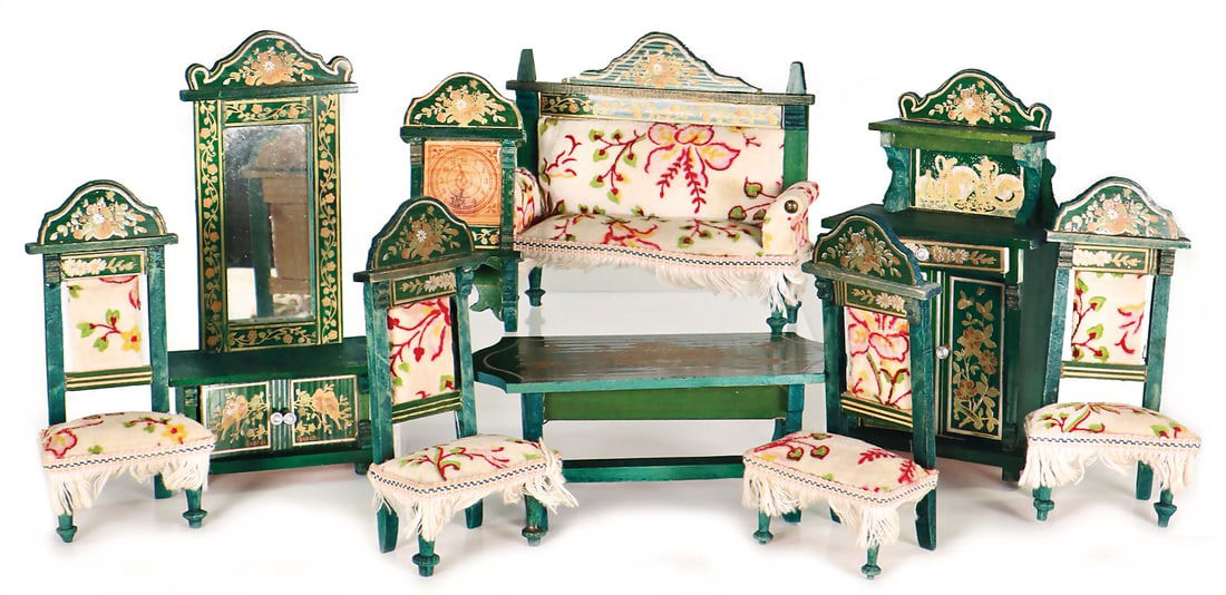 Exceptional furniture program, c. 1900, floral decor with birds, sofa, h: 11.5 cm, 4 chairs, table,: Exceptional furniture program, c. 1900, floral decor with birds, sofa, h: 11.5 cm, 4 chairs, table, mirror chest of drawers, top cabinet, 15.5 cm, small wall clock, almost unused original condition. G