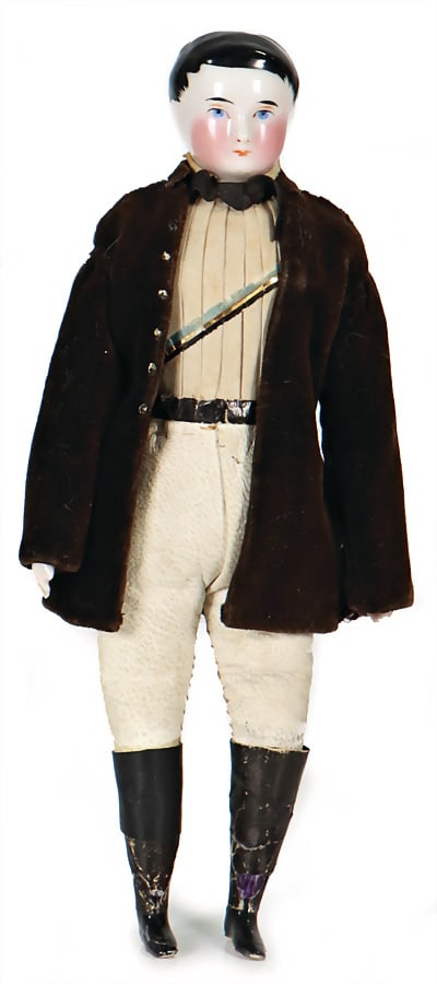 Doll's house doll, man, 17.5 cm, china head, glazed porcelain, leather body, bisque arms and legs: Doll's house doll, man, 17.5 cm, china head, glazed porcelain, leather body, bisque arms and legs German Description Puppenstuben-Puppe, Mann, 17,5 cm, China-Head Brustblattkopf, glasiertes Porzellan,