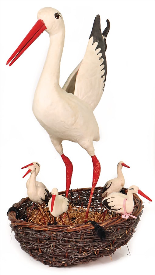 Large absorbent cotton stork, in nest, 57 cm, glass eyes, 5 small storks   German Description  Gr.