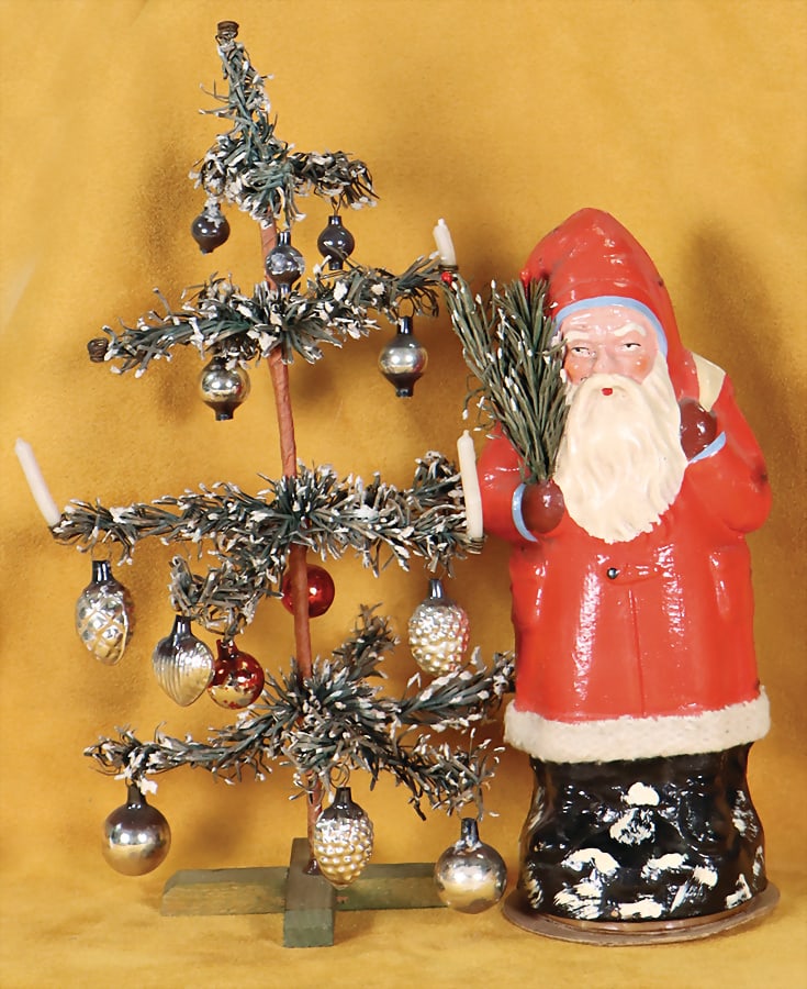 Santa Claus, papier-mâché, candy container, 19 cm, plus 1 Christmas tree, decorated, 24 cm (1 of 1)
