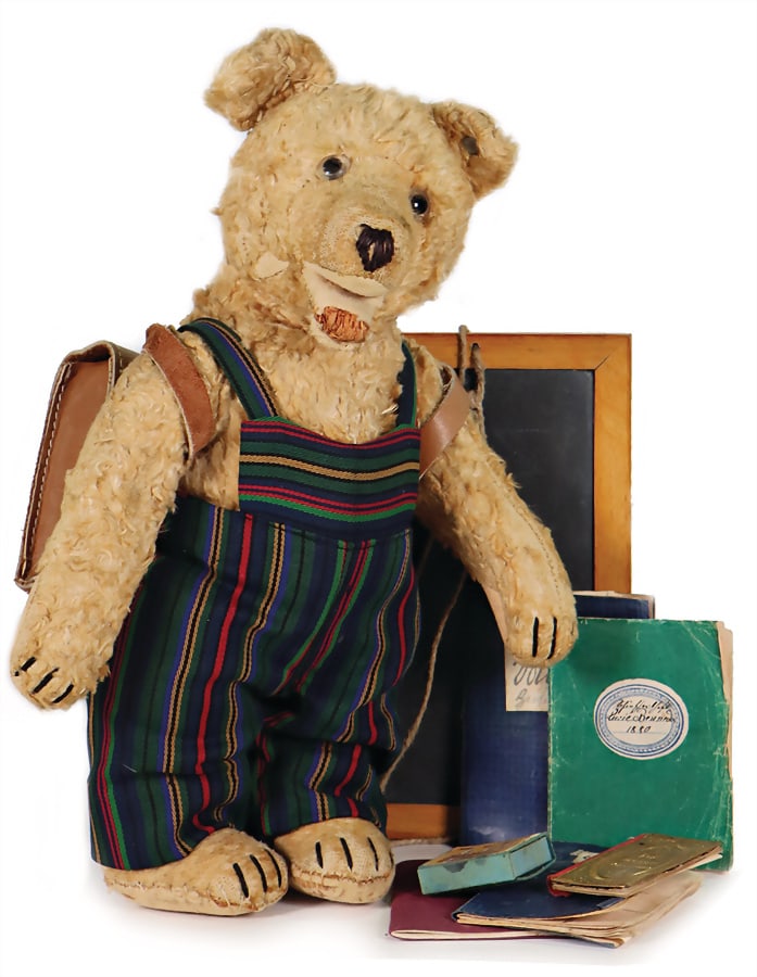 STEIFF woolly plush, teddy baby, 28 cm, bare button, worn, wheel open on one arm, snout open at the (1 of 3)