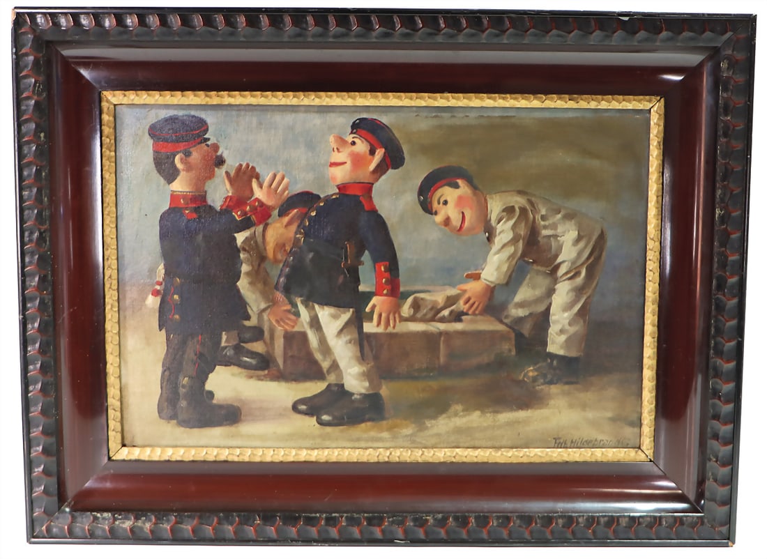 Fritz Hildebrand, painting, oil on canvas, inside dimensions 32x49.5 cm, STEIFF soldiers at the (1 of 2)