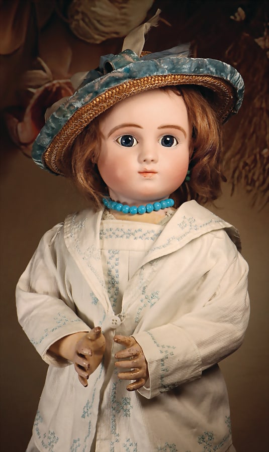 JULES STEINER Fine French Bébé by Steiner, Series C, Bourgoin with rare sleeping eyes: JULES STEINER Fine French Bébé by Steiner, Series C, Bourgoin with rare sleeping eyes bisque porcelain movable head, blue paperweight sleeping eyes, which can be moved via the mechanism pate