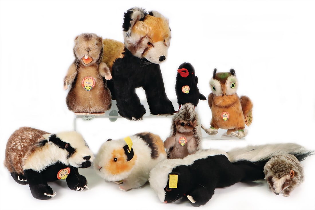 STEIFF Conv. post-war, panda, without button and shield, item no. 1325, archive pendant: 1963, COSY: STEIFF Conv. post-war, panda, without button and shield, item no. 1325, archive pendant: 1963, COSY STUNK, complete, item no. 2920/ 22, archive pendant: 1969, NAGY, with shield, item no. 2120/ 17, arc