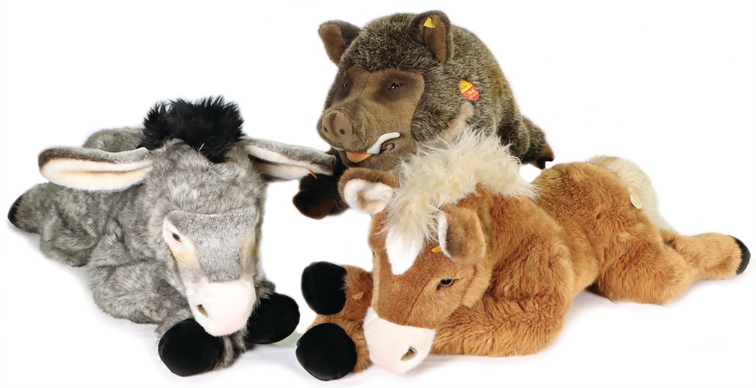 STEIFF 3 pieces post-war, WULLE, complete, item no. 072369, archive tag with seal: 1992, donkey,: STEIFF 3 pieces post-war, WULLE, complete, item no. 072369, archive tag with seal: 1992, donkey, complete, item no. 103391, red flag, imprint on the back: hand sample, archive tag: 1996, MOLLY horse,
