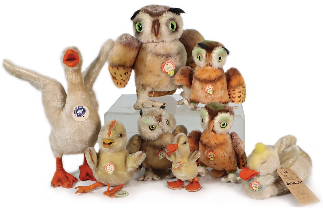 STEIFF Conv. post-war, eagle owl, complete, item no. 4314, archive tag: 1954, with felt beak,: STEIFF Conv. post-war, eagle owl, complete, item no. 4314, archive tag: 1954, with felt beak, WITTIE, with tag, item no. 2620/ 14, archive tag, 1968, plastic beak, WITTIE, item no. 4322, with tag, arc