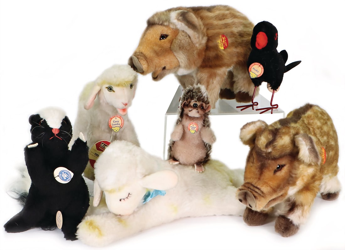 STEIFF Conv. post-war, COSY-LAMBY, with shield, item no. 1622,04, archive trailer: 1965, FLOPPY: STEIFF Conv. post-war, COSY-LAMBY, with shield, item no. 1622,04, archive trailer: 1965, FLOPPY lamb, with shield, item no. 5627/28, archive trailer: 1970, COSY-STUNK, complete, item no. 4920/22, arch