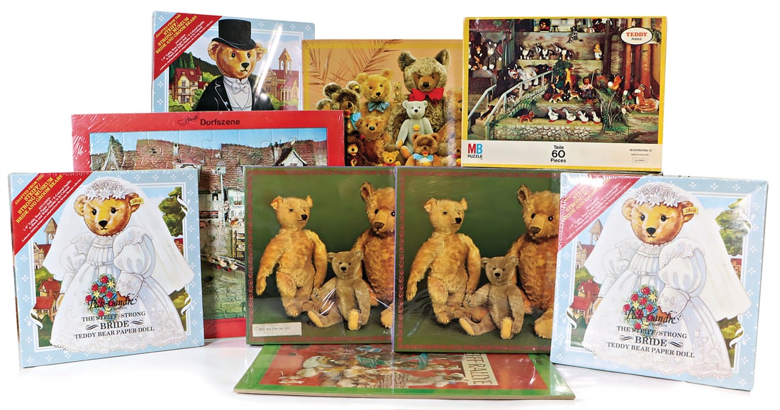 STEIFF mixed lot of various puzzle games, 9 items, Family Portrait 1902-1903, Button in Ear, Teddy: STEIFF mixed lot of various puzzle games, 9 items, Family Portrait 1902-1903, Button in Ear, Teddy Puzzle, STEIFF Rally, Teddy Bear Paper Doll, partly sealed in original cardboard box, good condition,