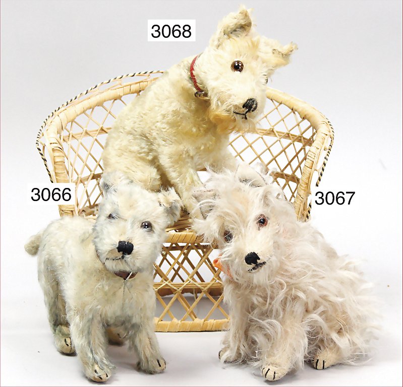 STEIFF, Rattler, c. 1930, sitting, with mechanism for t: STEIFF, Rattler, c. 1930, sitting, with mechanism for turning head, mohair tail is missing, fine shaded mohair, long mohair at snout and brows, 21 cm seat height, leather collar, good condition German