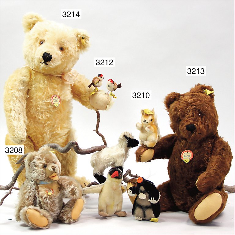 STEIFF, 4 pieces, 1x Maxi mole, with button, chest labe: STEIFF, 4 pieces, 1x Maxi mole, with button, chest label and cloth tag label, No. 4312,00, 12 cm, 1x Peggy, penguin, with button, chest label and cloth tag label, No. is illegible, 1x ram with button 