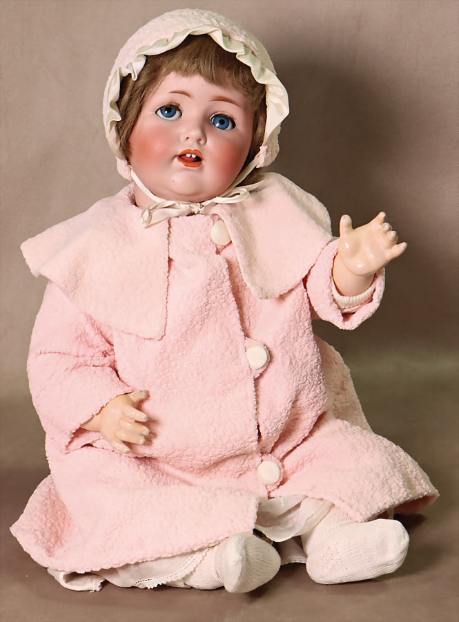 JDK KÄSTNER 257, porcelain character baby, blue mischievous eyes (frame sometimes sticks a: JDK KÄSTNER 257, porcelain character baby, blue mischievous eyes (frame sometimes sticks a little), open mouth, teeth and tongue, sitting baby body, with different hand position and slightly prot