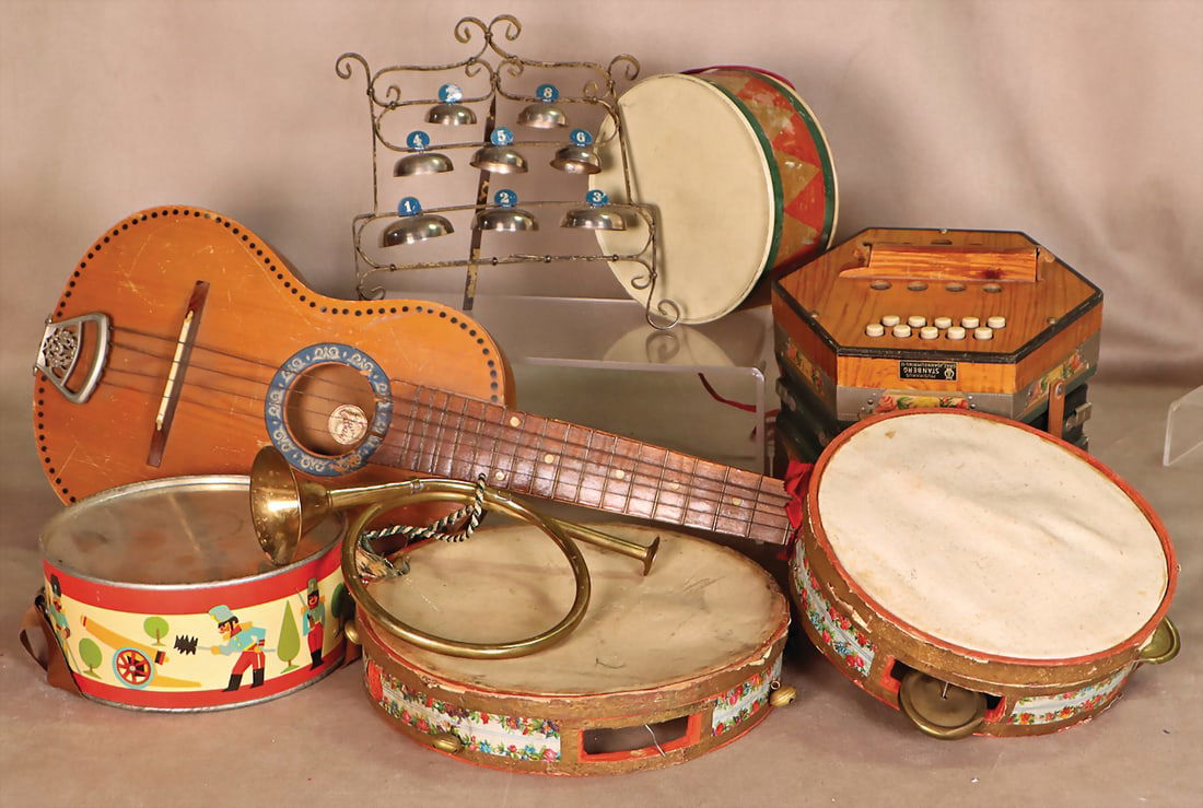 Conv. doll musical instruments, bell, guitar, squeeze box, drum, bell tree, trumpet, "Toy Museum: Conv. doll musical instruments, bell, guitar, squeeze box, drum, bell tree, trumpet, "Toy Museum Graz" German Description Konv. Puppenmusikinstrumente, Schelle, Gitarre, Quetschkommode, Trommel, Glock