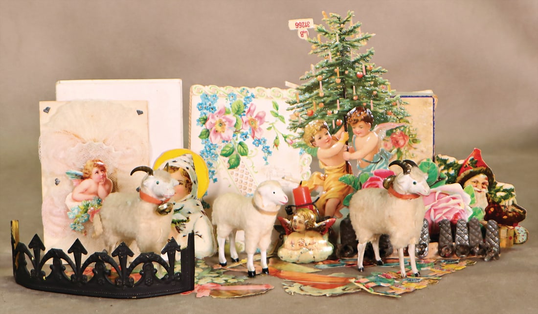 Some wafer pictures, including Christmas tree, decorated, with angel figures, 16.5 cm, 3 wool sheep, (1 of 1)