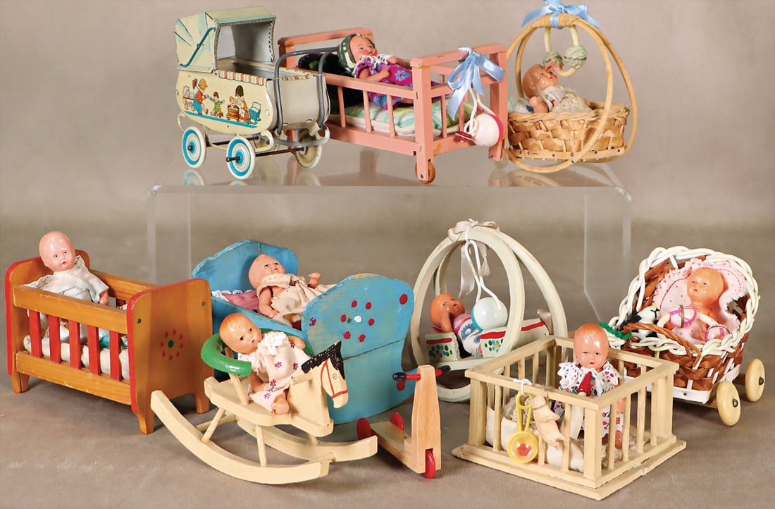 mixed lot of baby carriages, tin, lithographed, h: 10 cm, rocking chair, dolls and accessories (1 of 1)