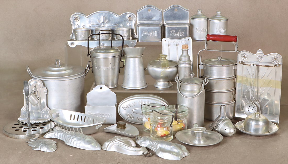 mixed lot of doll kitchen parts, aluminum, probably 1930s, with preserving pot, thermometer and (1 of 1)