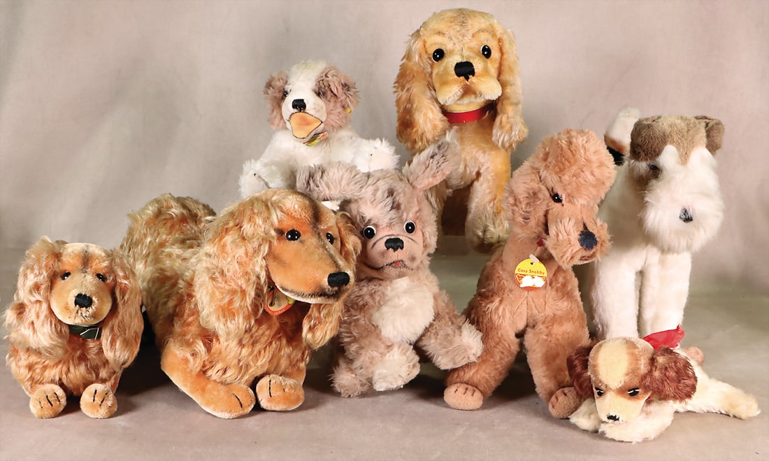 STEIFF post-war, Waldili, complete, flag worn, l: 45 cm, Waldili complete, no. 1322.00, Cosy Molly,: STEIFF post-war, Waldili, complete, flag worn, l: 45 cm, Waldili complete, no. 1322.00, Cosy Molly, no. on flag 6620.0, Cosy Snobby, complete no. 5020/28, shield worn, Susi, button and flag, Susi, but