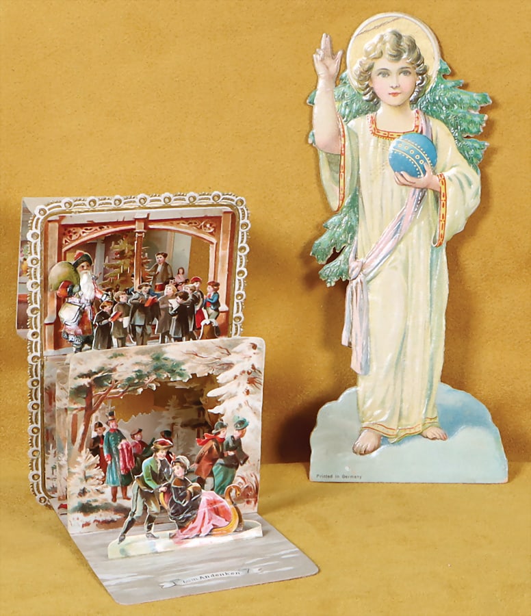 Display card, with Christmas gift scene, unfolded, h: 12 cm, 1 Christmas angel with tree, 17.5 cm, (1 of 1)