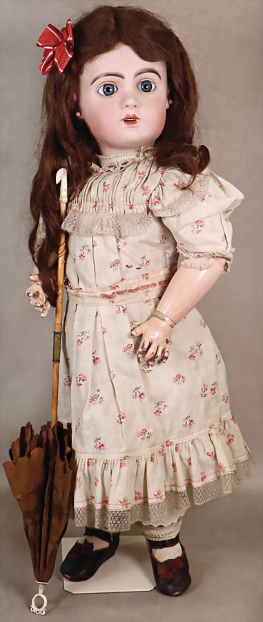 EMILE JUMEAU beautiful French Bébé, markings: red stamp Tété Jumeau, 12, bisque: EMILE JUMEAU beautiful French Bébé, markings: red stamp Tété Jumeau, 12, bisque head, blue fixed, paperweight eyes, off, mouth, row of teeth on top, pierced earlobes, matching Jume