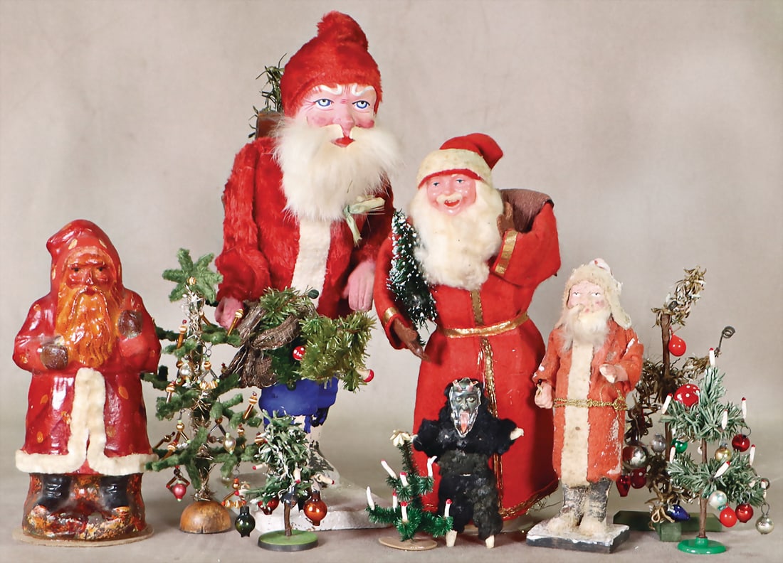 Santa Claus with pannier, h: 29 cm, post-war, Santa Claus, candy container, plastic head, Christmas: Santa Claus with pannier, h: 29 cm, post-war, Santa Claus, candy container, plastic head, Christmas trees, 2 Santa Clauses, papier mâché, mass parts slightly cracked German Description Weihn