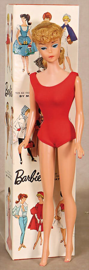 MATTEL Barbie, Swirl Ponytail, Barbie No. VI, with swimsuit, very good condition, in original box.: MATTEL Barbie, Swirl Ponytail, Barbie No. VI, with swimsuit, very good condition, in original box. German Description MATTEL Barbie, Swirl Ponytail, Barbie Nr. VI, mit Badeanzug, sehr guter Zust., im