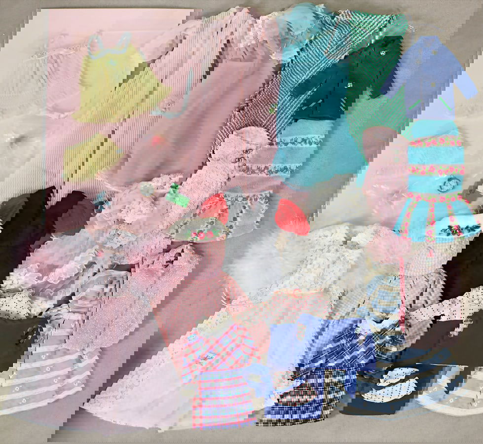 MATTEL Barbie, outfit parts, 60s/70s, good condition, partly complete, partly single parts German: MATTEL Barbie, outfit parts, 60s/70s, good condition, partly complete, partly single parts German Description MATTEL Barbie, Outfitteile, 60er/70er Jahre, guter Zust., teils kompl., teils Einzelteile