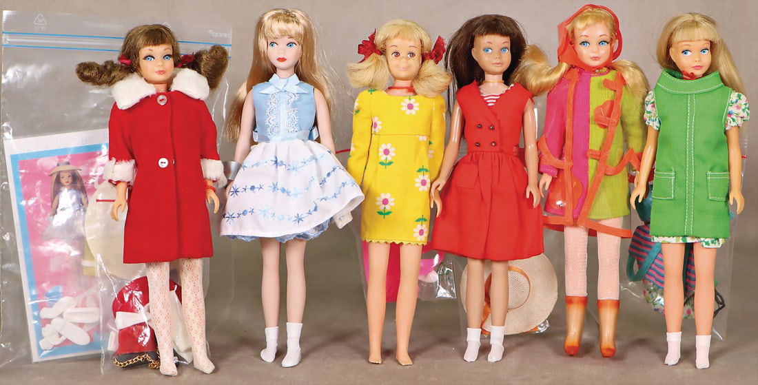 MATTEL Barbie, 5x Skipper, 1965-69, 1x Skooter, 1966, with outfits, very good condition   German (1 of 1)