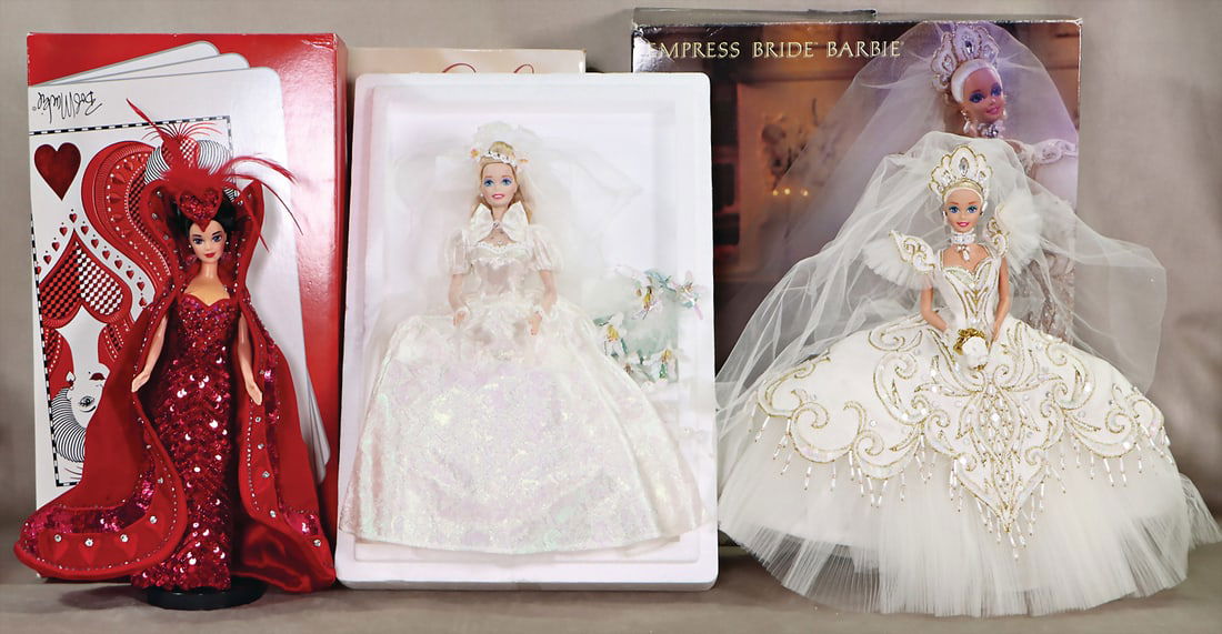 MATTEL Conv. Barbie, 1x Star Lily Bride, limited edition, first in a serious wedding flower: MATTEL Conv. Barbie, 1x Star Lily Bride, limited edition, first in a serious wedding flower collection, 1x Impressed pride Barbie, by Bob Mackie, for Barbie's 50th birthday, 1x Queen of Hearts Barbie,