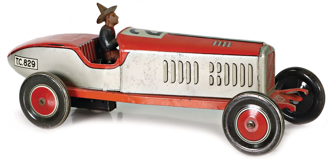 TIPP&CO racing car, T. C. 829, tin, lithographed, min., damages to paintwork, clock mechanism drive, (1 of 3)