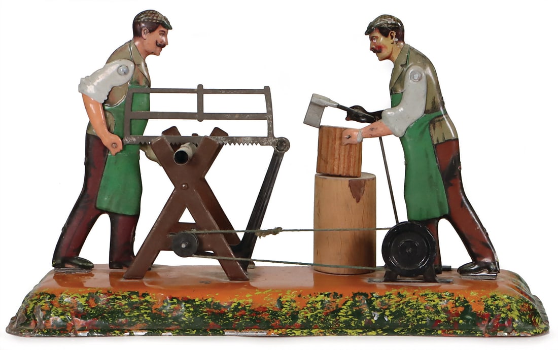 BING Sawmill with two workers, c. 1910-1928, sheet metal, hand-painted, function intact, min. paint (1 of 2)