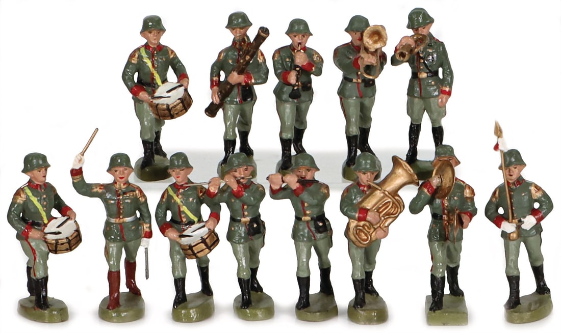 ELASTOLIN, LIONEOL mixed lot, musicians, marching, 7 cm, 13 pieces, good condition, partly colored, (1 of 1)