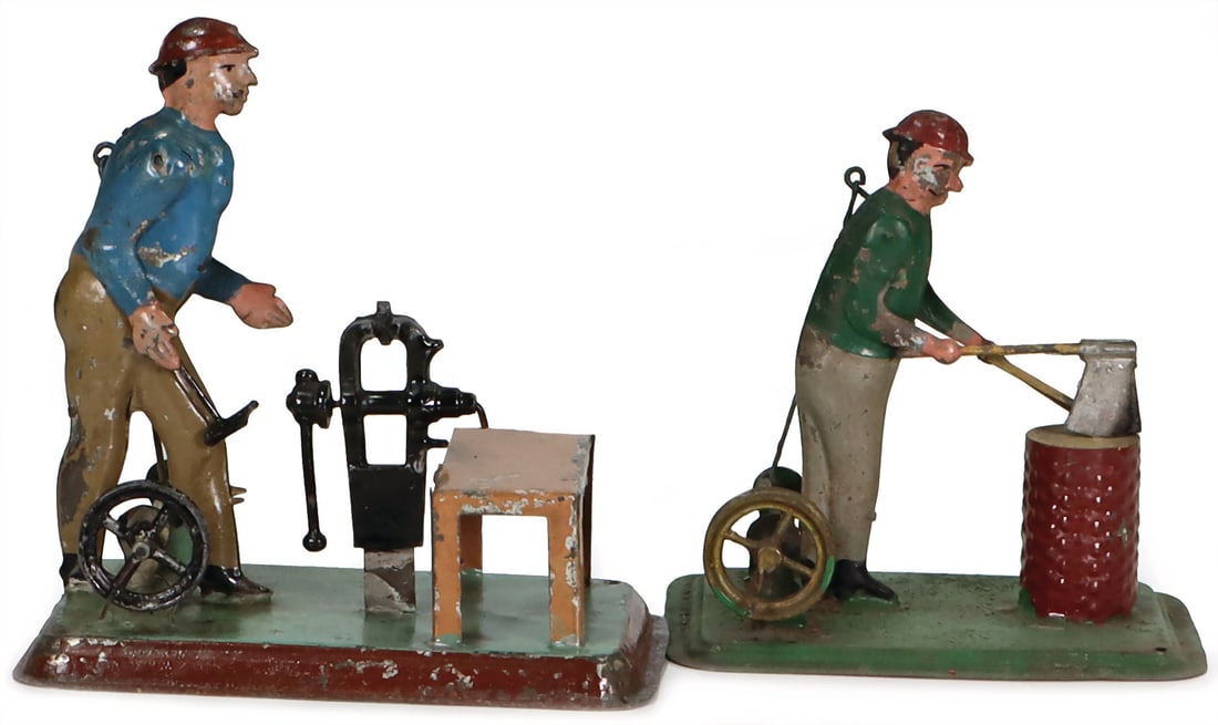 2 parts, drive models, sheet metal, hand-painted, man at vice, h: 12.5 cm, man with axe, h: 11 cm, (1 of 2)
