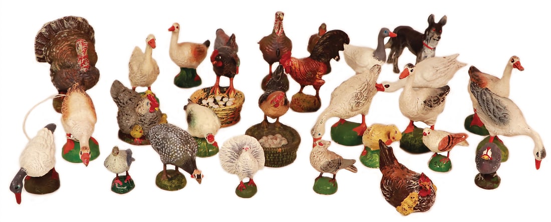 ELASTOLIN / LINEOL poultry, ducks, chickens, turkey, hen with chicks, hen with nest, 1 shepherd dog, (1 of 1)