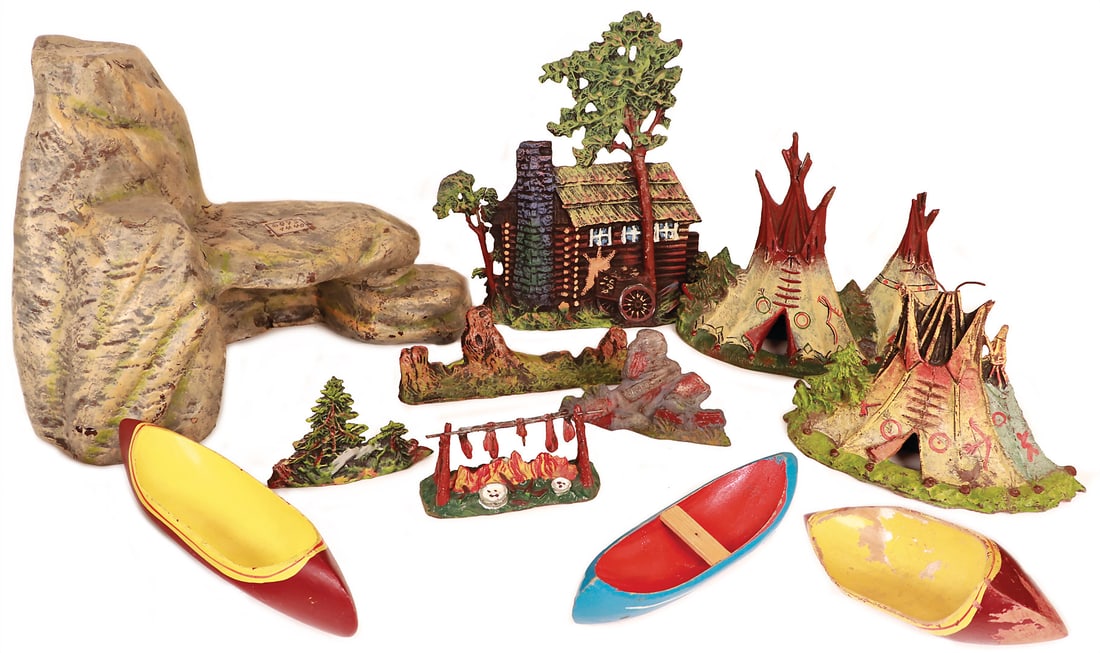 rock, mass, h: 24 cm, log cabin, with tree, rare, 2 tipis, fireplace, 1 piece of meat missing, (1 of 1)